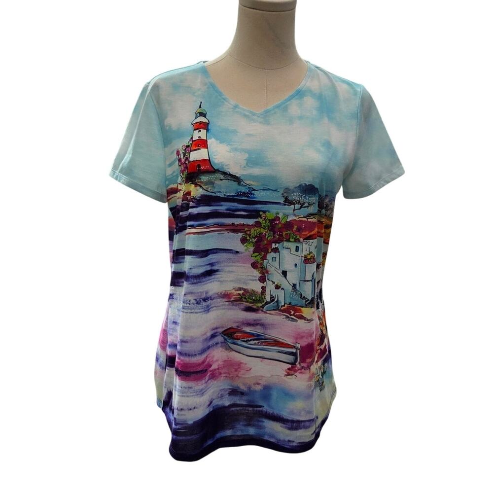 Chico’s Weekends Scenic Lighthouse Art T-Shirt Coastal Chico's Size 0 US Size S - Picture 5 of 14
